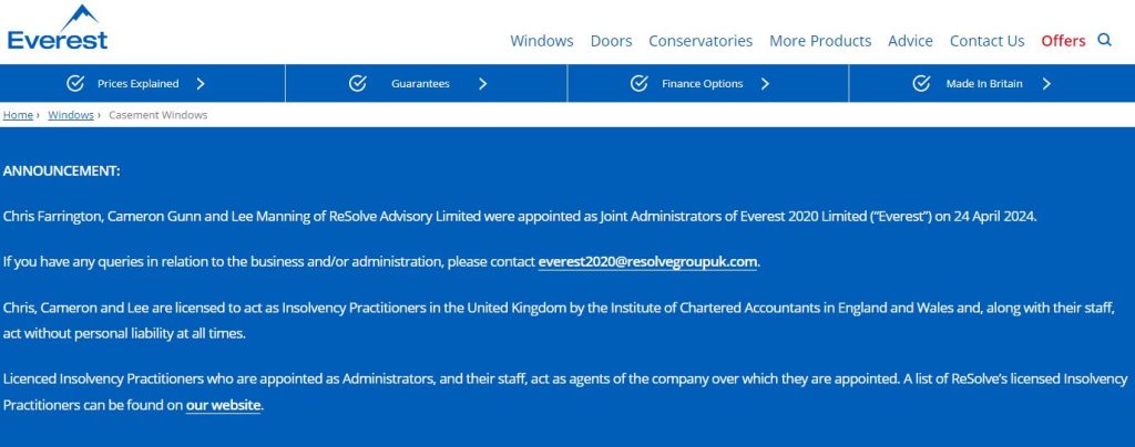 Everest windows and doors administration announcement from their website.